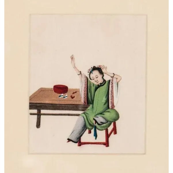 Elegant gouache portrait of a 'Chinese Lady in Jade Robe' on rice paper!