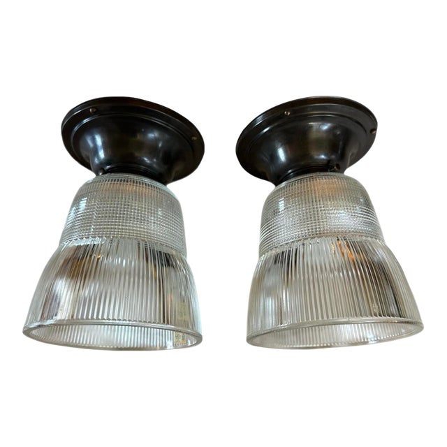 Vintage Industrial Holophane Glass Ceiling Fixtures-a Pair For Sale