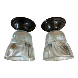 Vintage Industrial Holophane Glass Ceiling Fixtures-a Pair