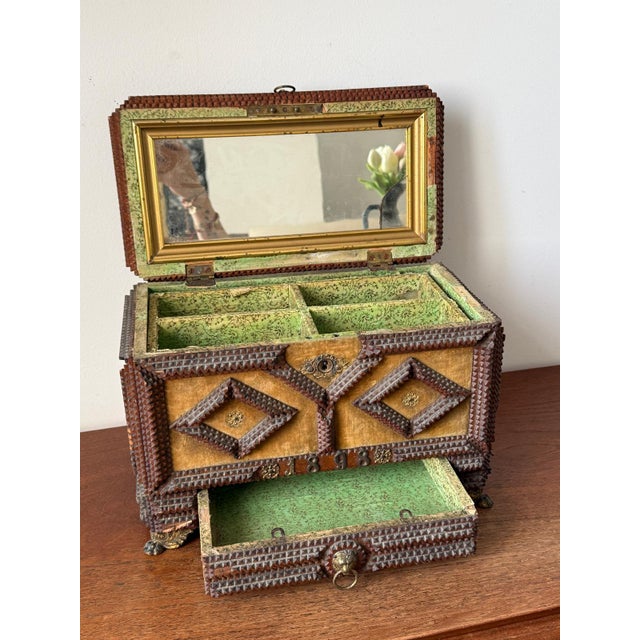 Antique Tramp Art Jewelry Box 1898, Hand Carved Wooden Chest With Mirror, Folk Art Keepsake Box, Victorian Trinket Box, Lion Pull For Sale - Image 4 of 14