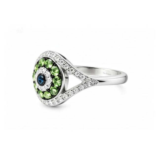 Late 20th Century Size 7 14K White Gold Tsavorite Diamond Evil Eye Ring Estate by EFFY For Sale - Image 4 of 4