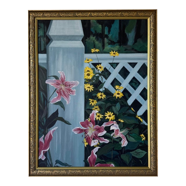 1980’s K. Jensen McCoy “Tropical Garden Entrance” Oil on Canvas Painting, Framed For Sale