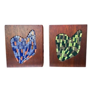 Mid-Century Abstract Cat Mosaic Wood Sculptural Boxes, Pair For Sale