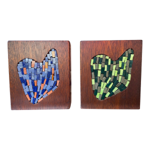 Mid-Century Abstract Cat Mosaic Wood Sculptural Boxes, Pair