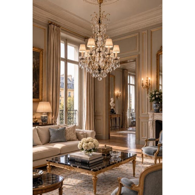 An elegant french louis xv style metal and cut- crystal nine-light chandelier. The caged body surmounted with 9 scrolled...