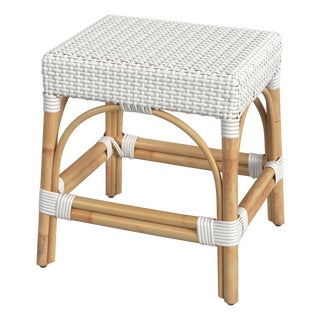 Robias 18 in. Seat Height Rectangular Rattan Low Dining Stool, Smooth White For Sale