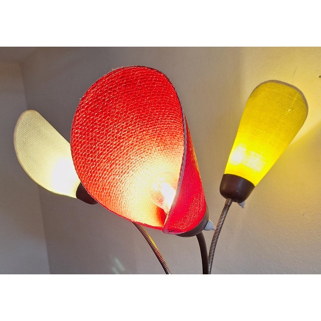 Black Mid-Century German Floor Lamp with Brass Frame with Flexible Arms on Black Cast-Iron Base with Three Colored Plastic Bag Shades, 1950s For Sale - Image 8 of 9