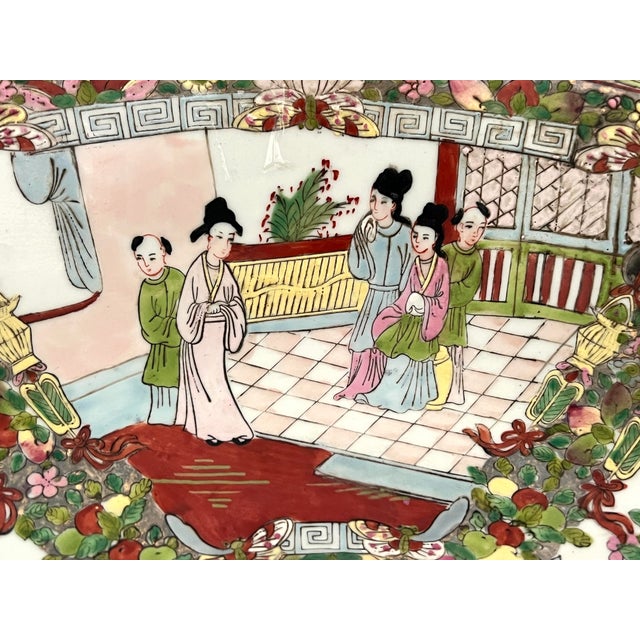 Wood Large Old Rose Mandarin / Medallion Chinese Porcelain Export Punch Bowl, Wood Stand & Auspicious Objects & Gilt Work, Signed, 14" For Sale - Image 7 of 15