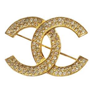 Chanel Vintage Classic Gold Plated CC Silver Crystal Brooch