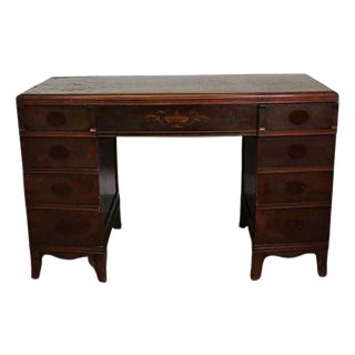 Early 20th-Century Mahogany Nine-Drawer Pedestal Desk With Decorative Inlay For Sale