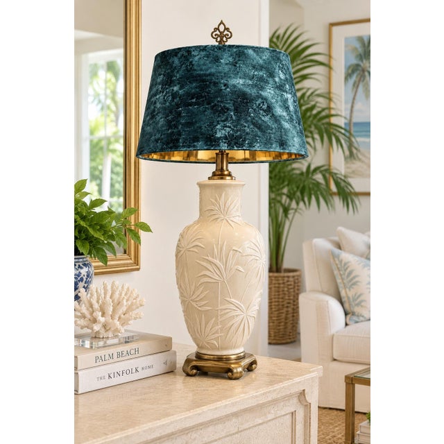 Mid 20th Century Mid 20th Century Coastal Regency Palm Relief Ceramic Urn Table Lamp With Teal Velvet Shade For Sale - Image 5 of 8