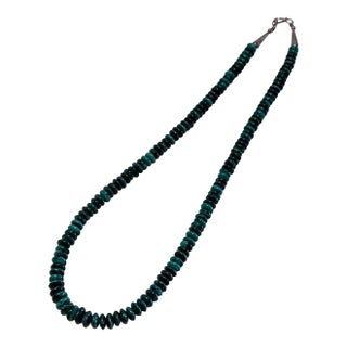 70s Malachite Hand Beaded 21" With a Mid Century Modern Clasp For Sale