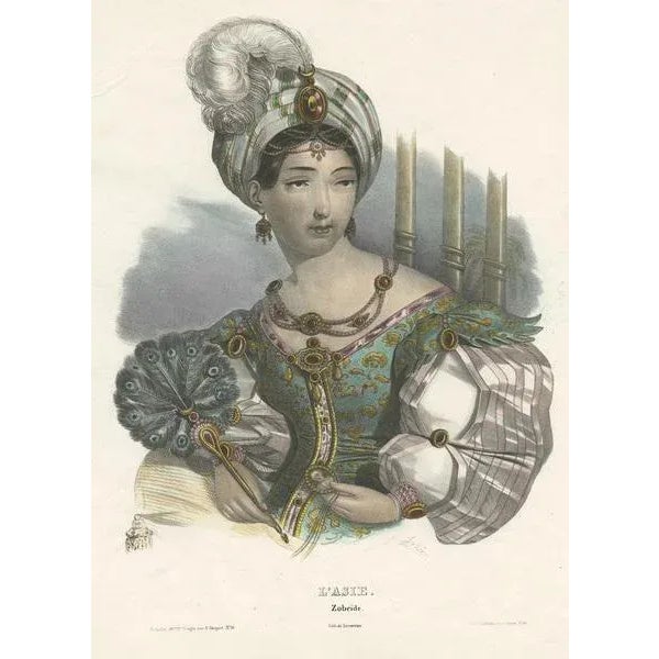 Antique print titled 'L'Asie - Zobeïde'. Beautiful lithograph of an Asian costume. Lithographed by Lemercier, circa 1840.