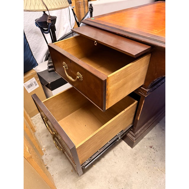 1990s Baker Furniture Traditional Executive Leather Top Partner’s Desk For Sale - Image 5 of 9