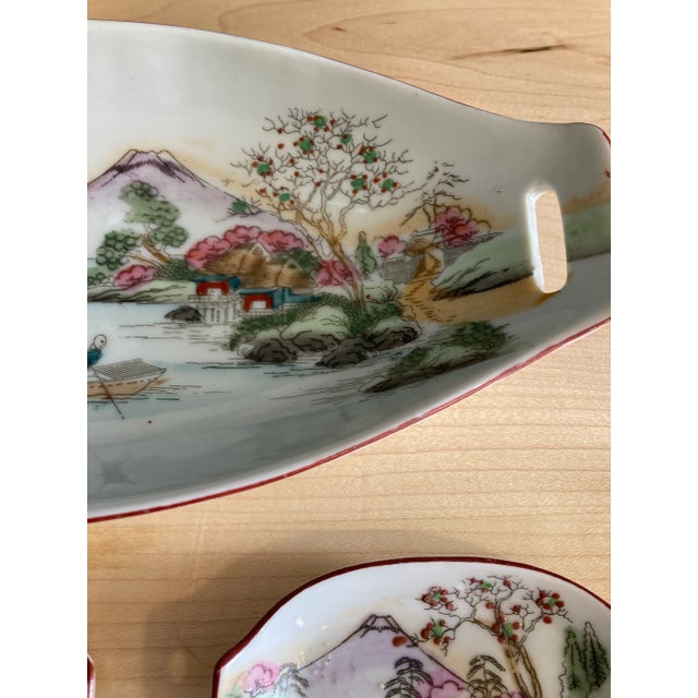 White Vintage Hand Painted Japanese Sushi Serving Set With Mount Fuji Landscape, 7 Pieces For Sale - Image 8 of 9