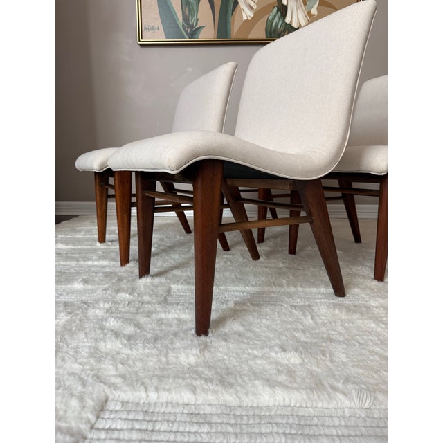 Set of Four Vintage 1950s Walnut and Linen Dining Chairs After Conant Ball For Sale - Image 10 of 13