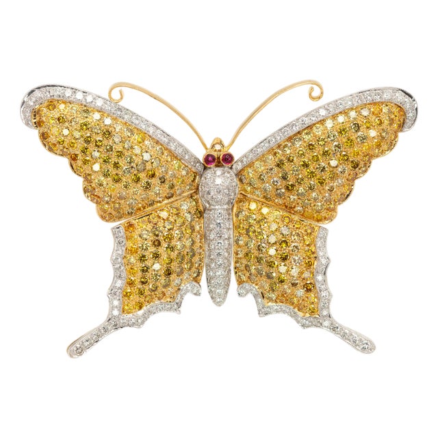 18k Yg and Wg Fancy Yellow & White Diamond Butterfly Brooch For Sale