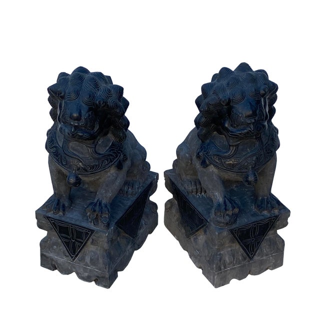 20" Chinese Pair Black Gray Stone Fengshui Foo Dog Lion Statues For Sale - Image 11 of 13