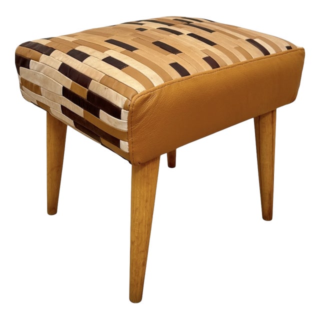 Mid-Century Modern Ottoman in Beach and Leather, 1950s For Sale