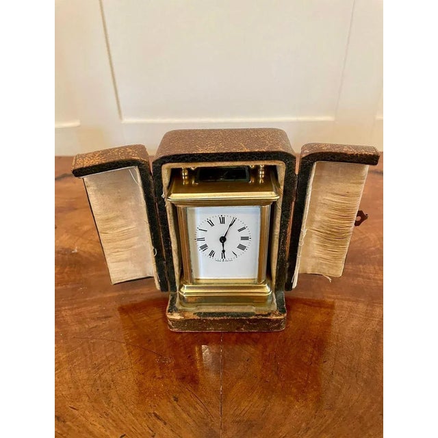 Copper 19th Century Miniature Brass 8-Day Carriage Clock with Travelling Case, Set of 2 For Sale - Image 8 of 10