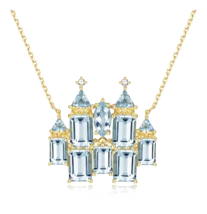 Nina Zhou Fantasy Aquamarine Diamond Castle Pendent Necklace in 14k Solid Gold