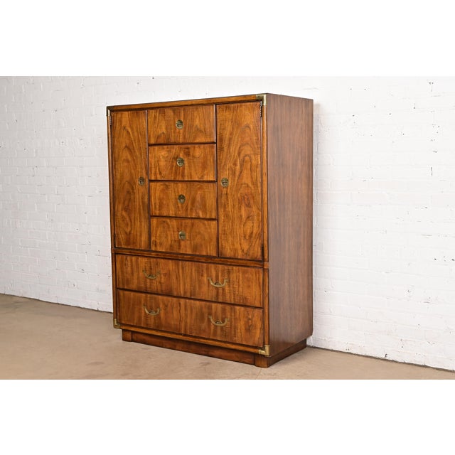 Mid-Century Modern Drexel Heritage Hollywood Regency Campaign Walnut Gentleman's Chest or Armoire Dresser For Sale - Image 3 of 12