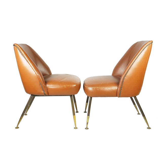 Vintage Campanula Chairs in Brown Leather and Brass by Carlo Pagani for Arflex, 1952, Set of 2 For Sale - Image 10 of 12