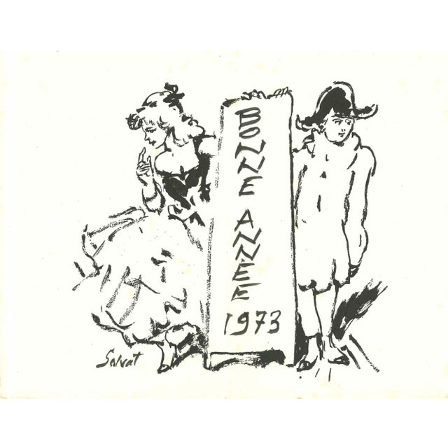François Salvat, Happy New Year 1973, Original Black Marker Drawing, 1970s For Sale