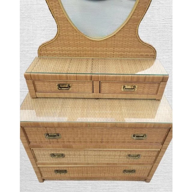 Vintage Rattan Wrapped Campaign Style 3 Drawer Mirrored Storage Top Chest of Drawers by Dixie For Sale In West Palm - Image 6 of 18