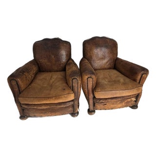 Pair of Antique English Leather Cigar Club Chairs, Circa 1900 For Sale