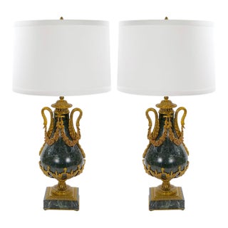 Italian 19th Century Green Marble and Gilt Bronze Louis XVI Style Urn-Form Lamps For Sale