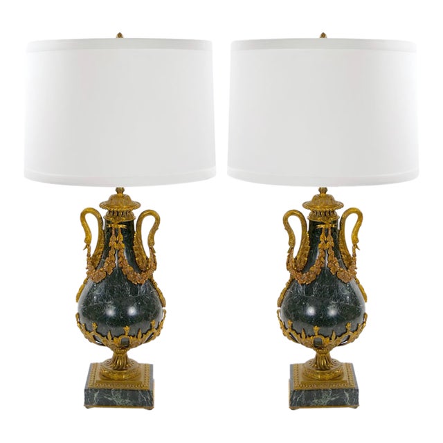 Italian 19th Century Green Marble and Gilt Bronze Louis XVI Style Urn-Form Lamps For Sale