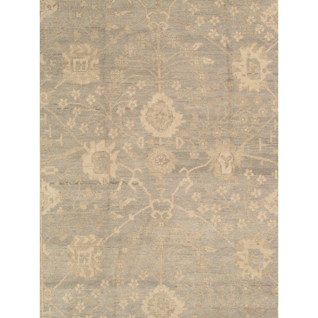 Textile Vintage Oushak Carpet, Oriental Rug, Handmade Green Grey, Ivory, Saffron For Sale - Image 7 of 12