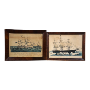 Early 20th Century Antique Currier & Ives Nautical Maritime Clipper Ship Lithographs Mahogany Frames, Set of Two