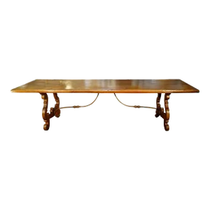 Contemporary 17th Century Style Italian Lira Solid Walnut Refectory Table Forged Iron