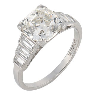 1930s Art Deco Gia 3.02 Carat Old Mine Cut Diamond Platinum Engagement Ring, Size 6.25 For Sale