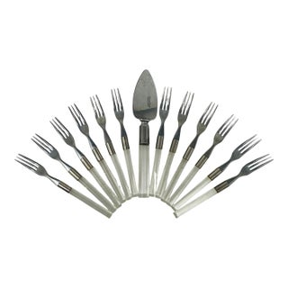 Vintage Frontier Forge Lucite Flatware Set of 13 | MCM Service for 12, Cake Forks and Server | Clear Acrylic Japan Retro For Sale