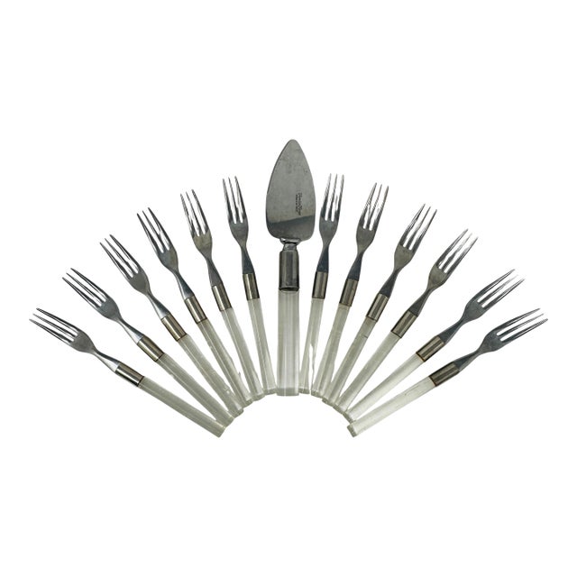 Vintage Frontier Forge Lucite Flatware Set of 13 | MCM Service for 12, Cake Forks and Server | Clear Acrylic Japan Retro For Sale