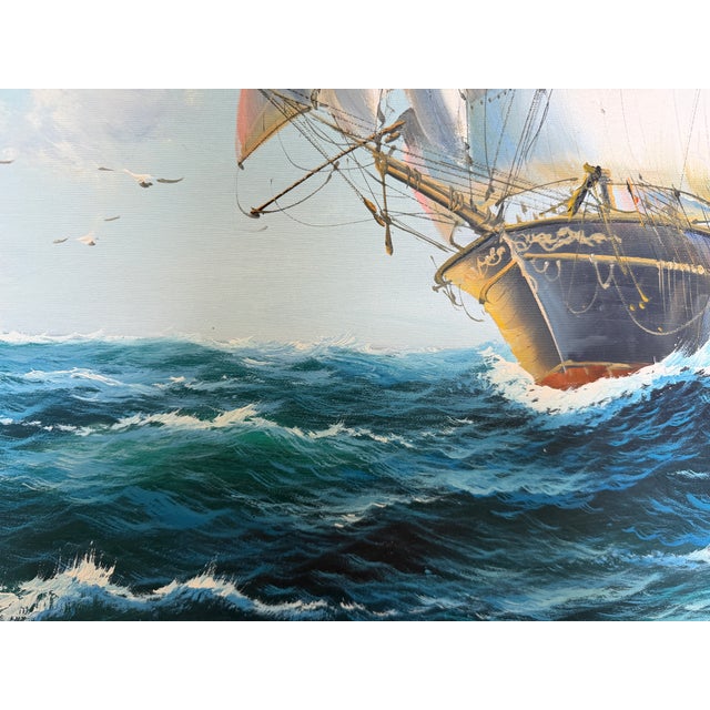 Large Original Vintage Oil Painting Sailing Ship Seascape Marine Art Framed For Sale In Jacksonville, FL - Image 6 of 7