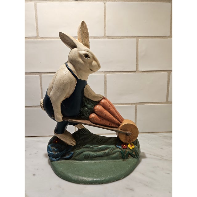 Vintage Cast Iron Gardening Rabbit With Wheelbarrow Doorstop/Bookend For Sale - Image 4 of 10