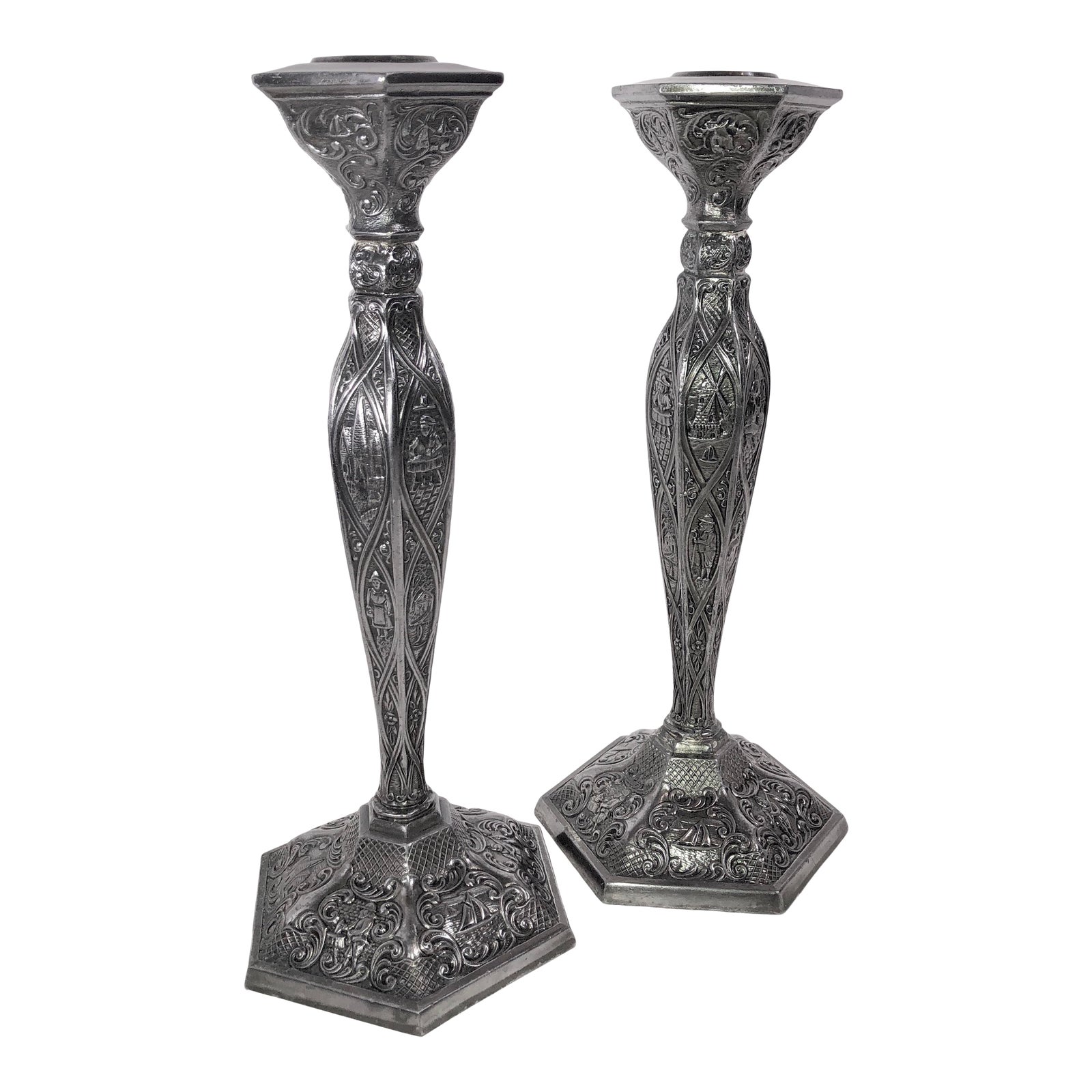 Antique 1900's Silver Plated Dutch Repousse Candlesticks Candle Holders