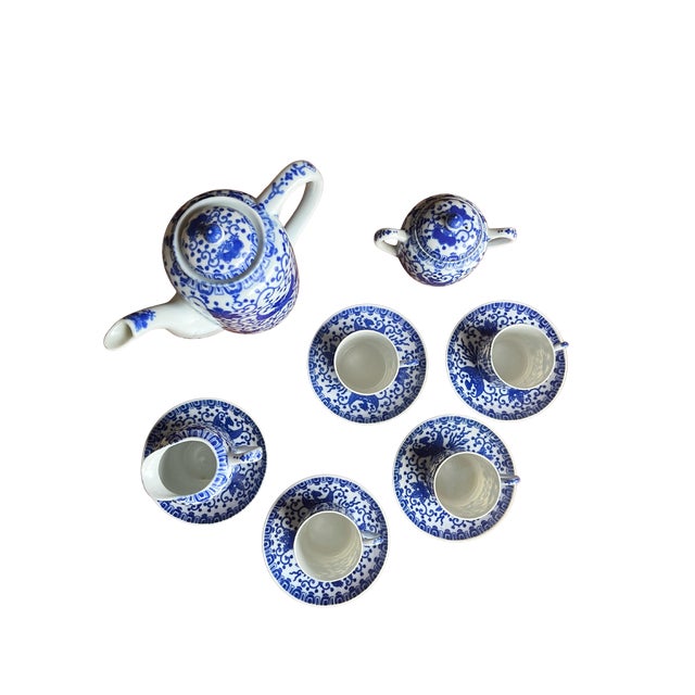 Early 21st Century Lot 12 Pieces Blue Phoenix Bird Japan Teapot Sugar Bowl Creamer Teacups Plates For Sale - Image 5 of 6