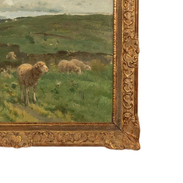 19thC Oil on Canvas French Pastoral Realism Barbizon School Landscape Painting by Harry Thompson, 1885 For Sale In Portland, OR - Image 6 of 18