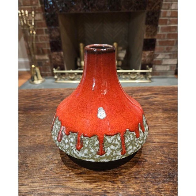 Distinctive Keramik Red Fat Lava Vase #622/19, complete with its original shield-shaped foil sticker. The vivid red lava...