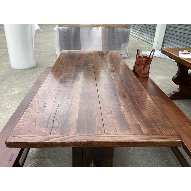 This French farmhouse is sold with 2 matching benches. Made of French oak, this table is the work of an artisan and...