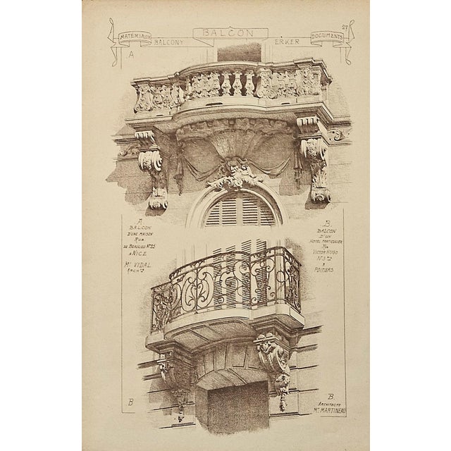 Late 19th Century 1887- Set of 4-French Antique Architectural Ornamental Engravings-Balcony Designs For Sale - Image 5 of 5