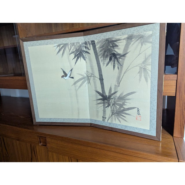 Wood 1970s Vintage Japanese 2-Panel Desktop Byōbu Folding Screen Signed Gyokufu For Sale - Image 7 of 10
