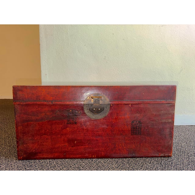 Antique Chinese Qing Era Red Leather Trunk or Coffee Table For Sale - Image 11 of 12