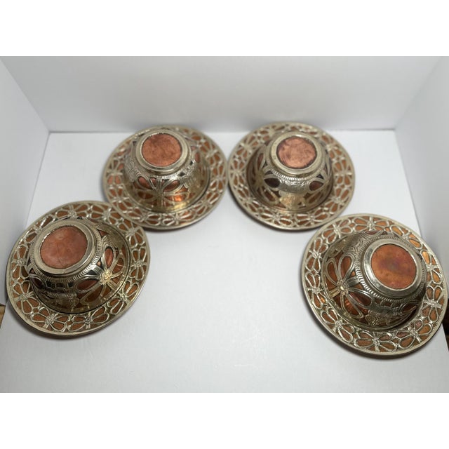 Copper 1920s Persian Silver-on-Copper "Ghalamzani" Bowl & Plate Set (8 Pieces) For Sale - Image 8 of 10