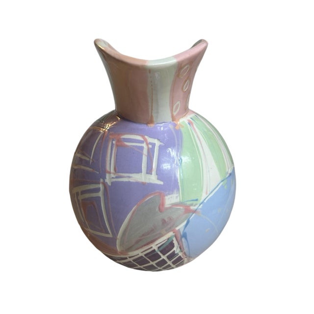 Postmodern Vintage 1980s Ceramic Pitcher Vase Postmodern Colorful Pastel, Signed For Sale - Image 3 of 10